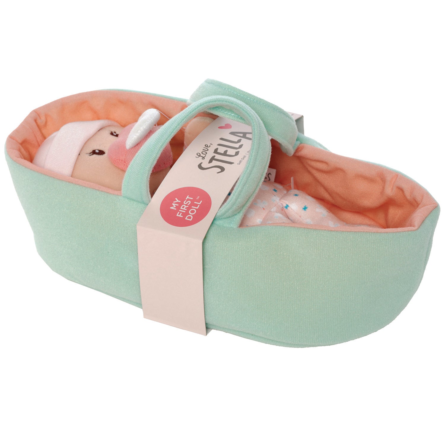 soft baby snuggle doll with peach skin with magnetic pacifier laid in a pink bassinet with belly-band packaging