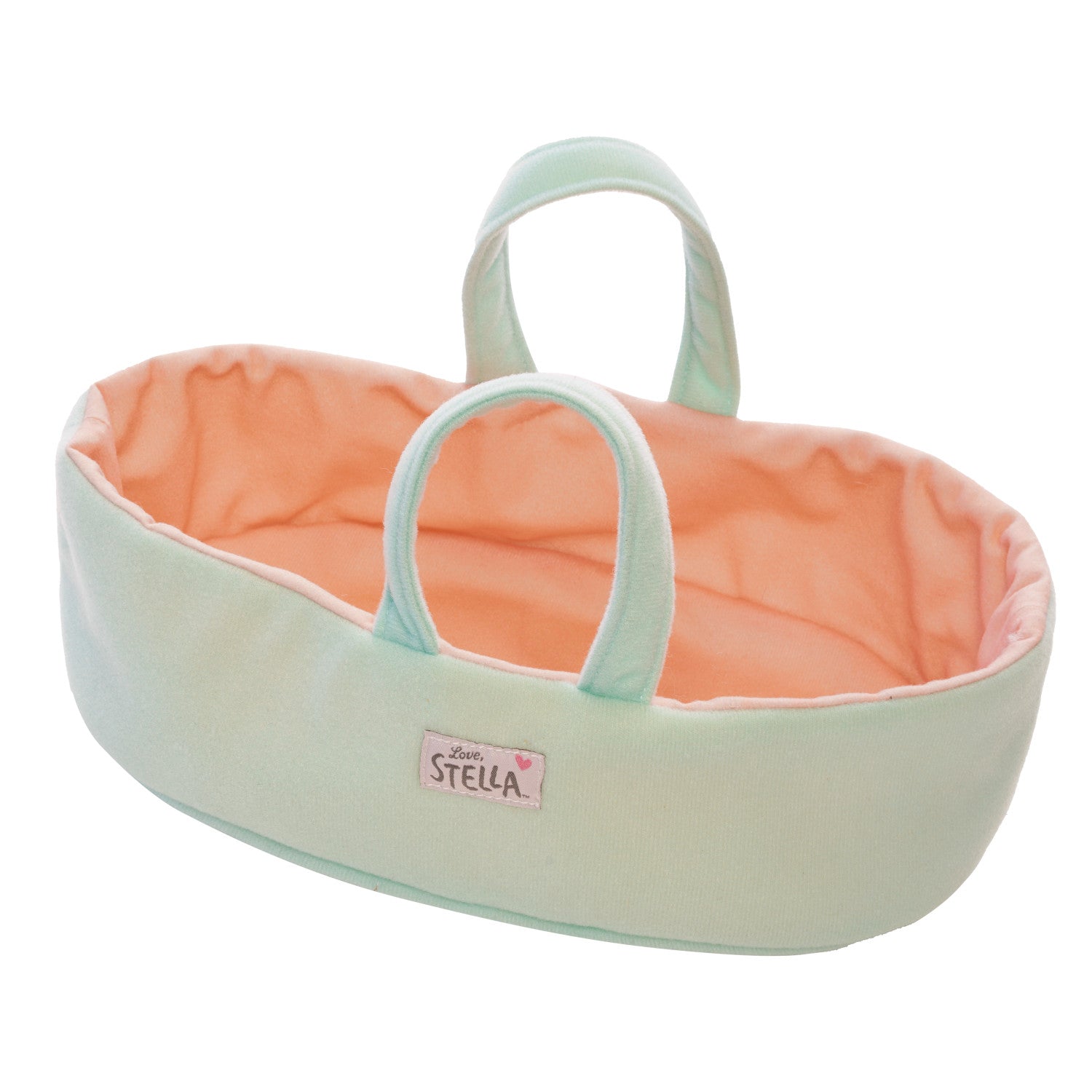 blue and peach colored fabric doll sized bassinet with handles and a love stella logo