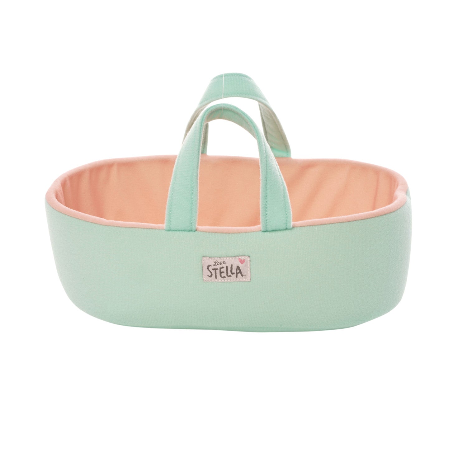 blue and peach colored fabric doll sized bassinet with handles and a love stella logo