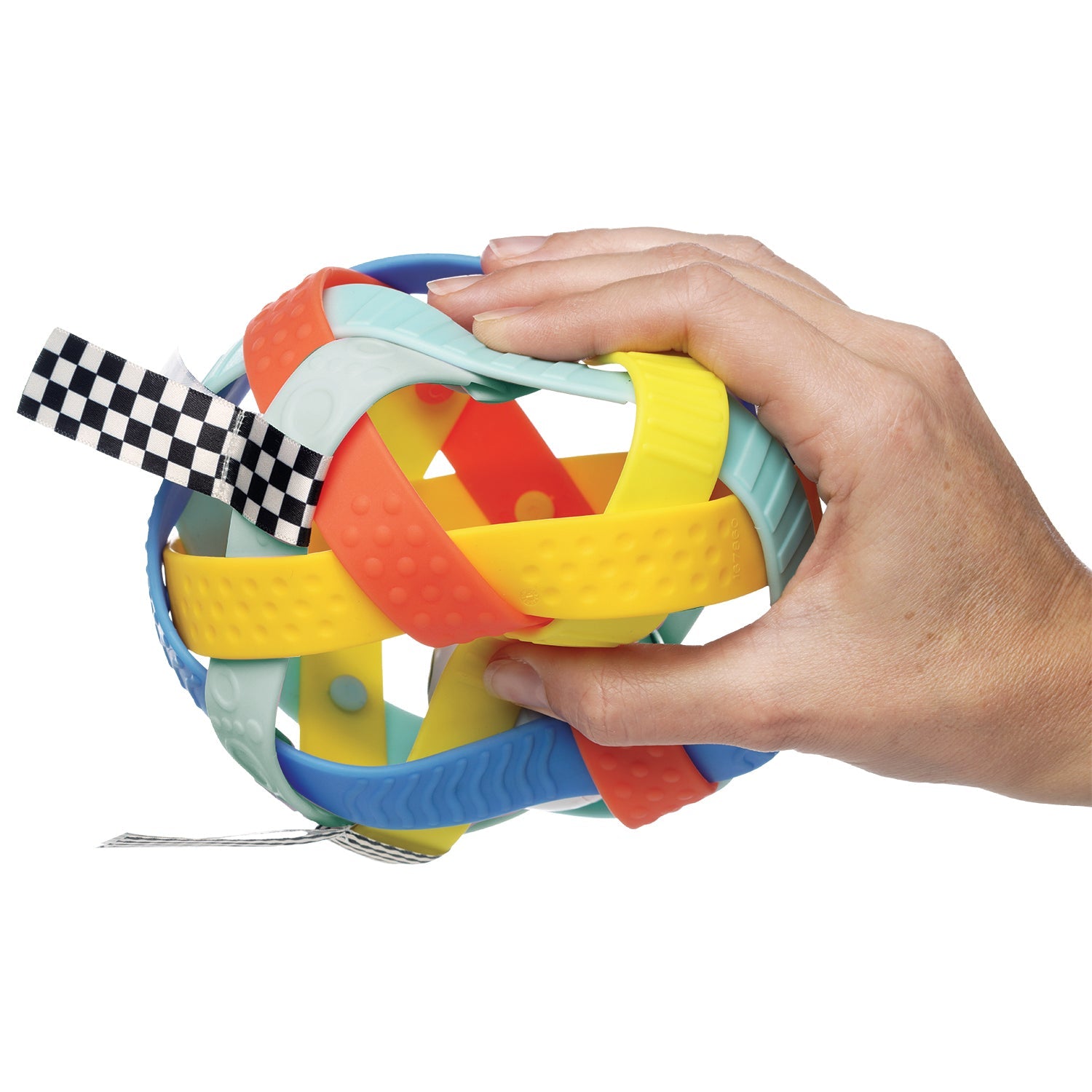 Blissful Ball sensory toy made of colorful soft plastic bands, black and white ribbons and a small rattle ball in the center.
