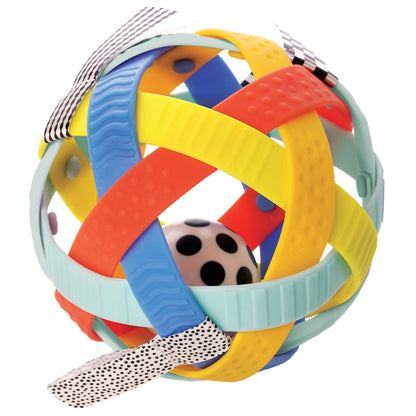 Blissful Ball sensory toy made of colorful soft plastic bands, black and white ribbons and a small rattle ball in the center.