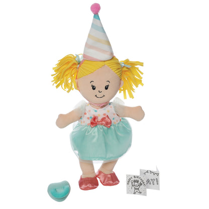 birthday themed doll accessory set with birthday hat DIY color card and party dress outfit shown on a peach skin colored soft doll with blonde pigtails. 