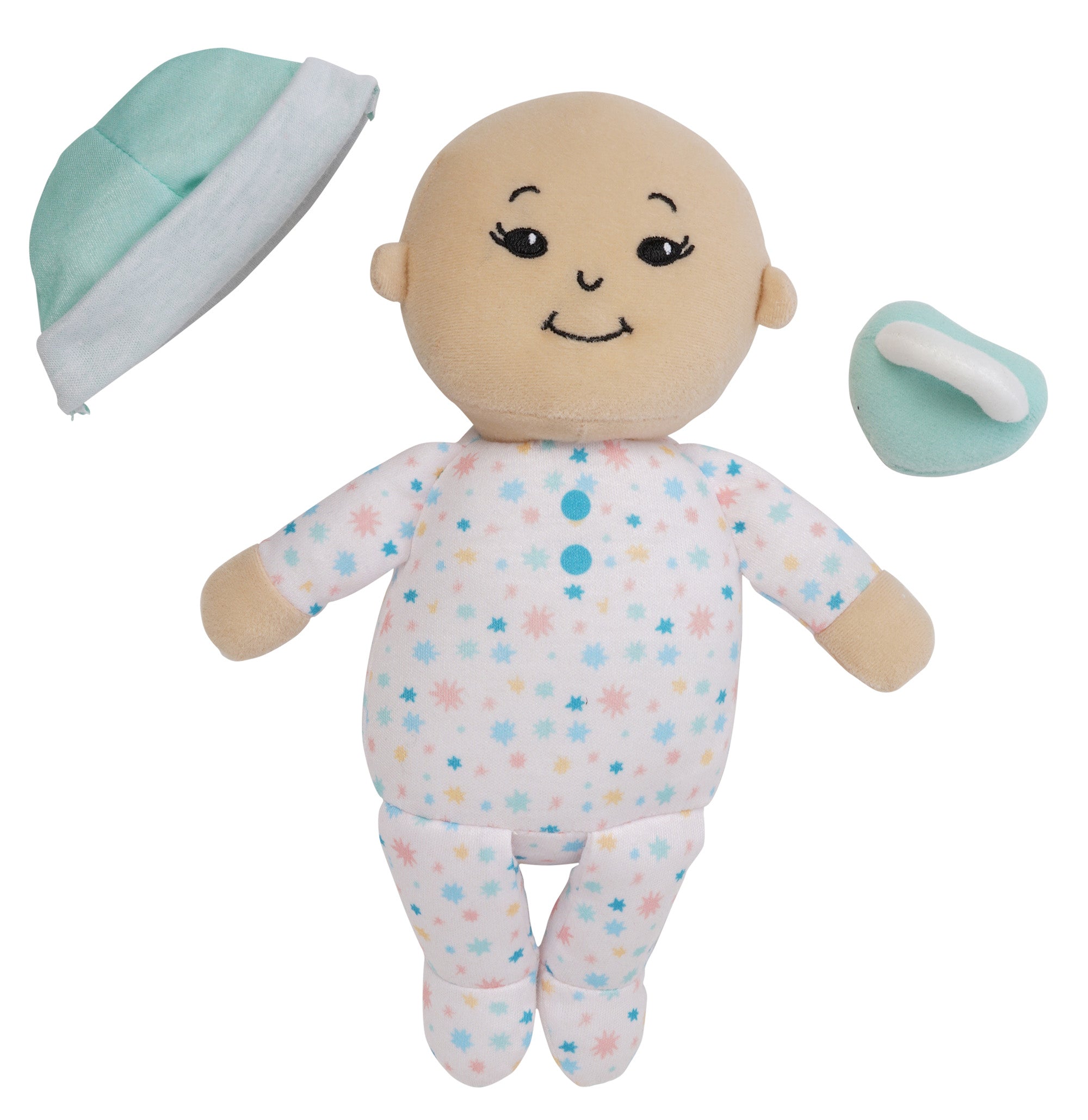 light beige soft doll with removable blue beanie and matching magnetic pacifier alongside the doll.