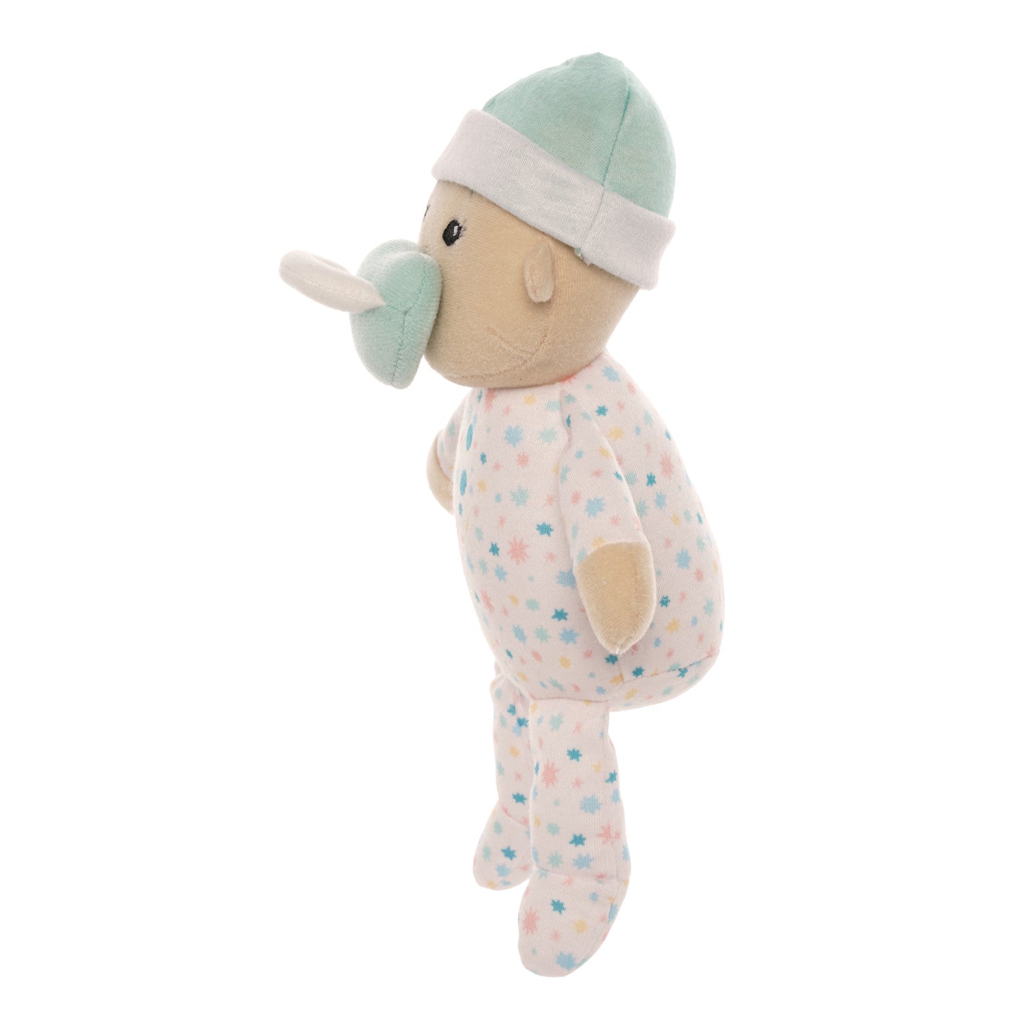 soft baby snuggle doll with beige skin that includes a magnetic pacifier