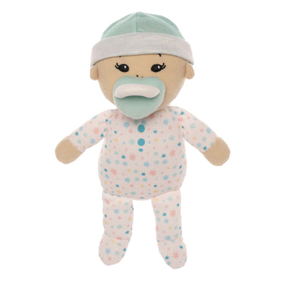 soft baby snuggle doll with beige skin that includes a magnetic pacifier