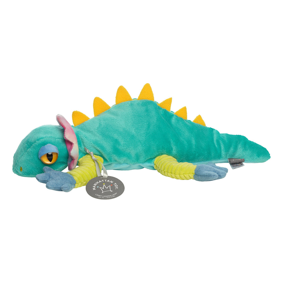 Plush toy lizard with yellow spikes on a white background