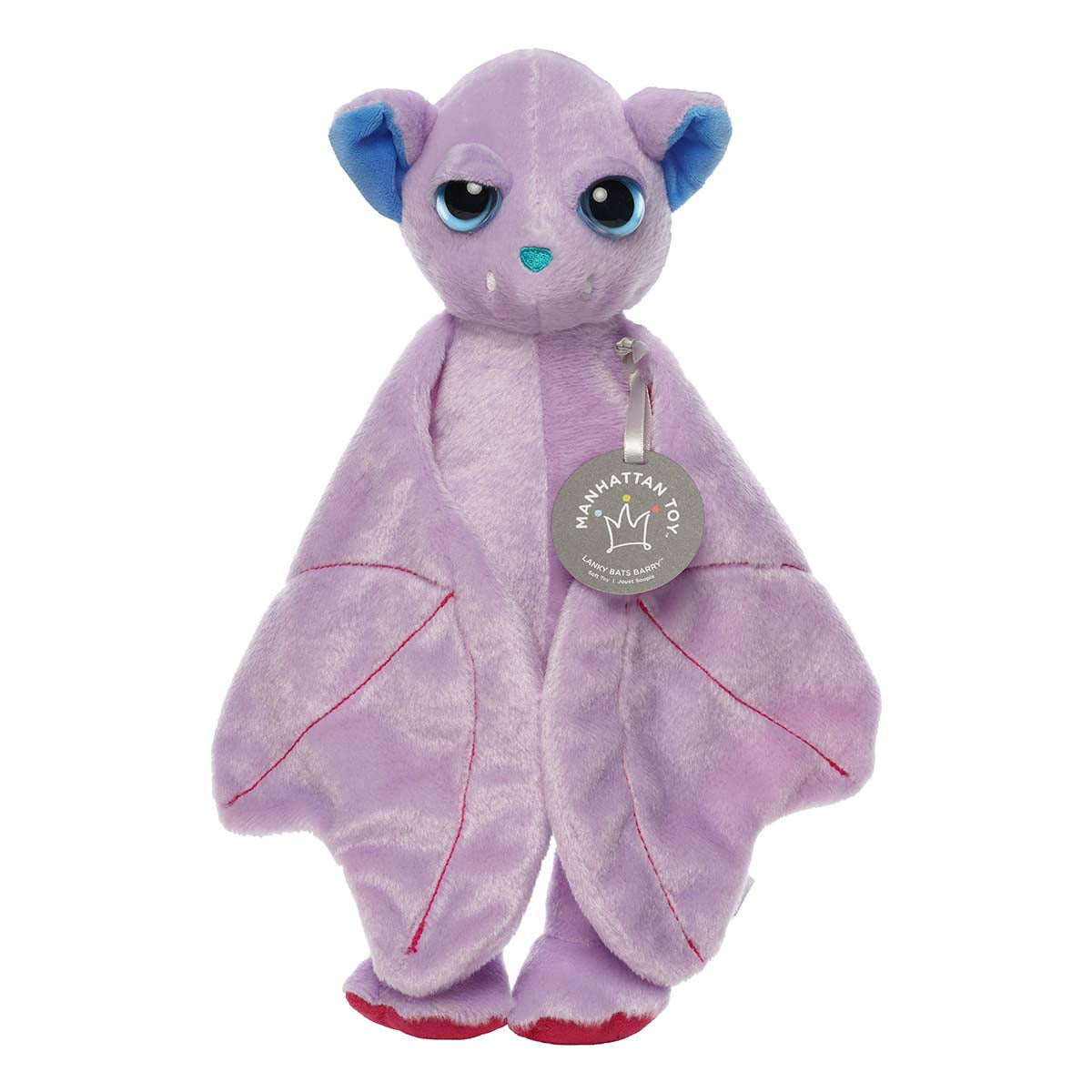 Purple plush toy with blue accents on a white background