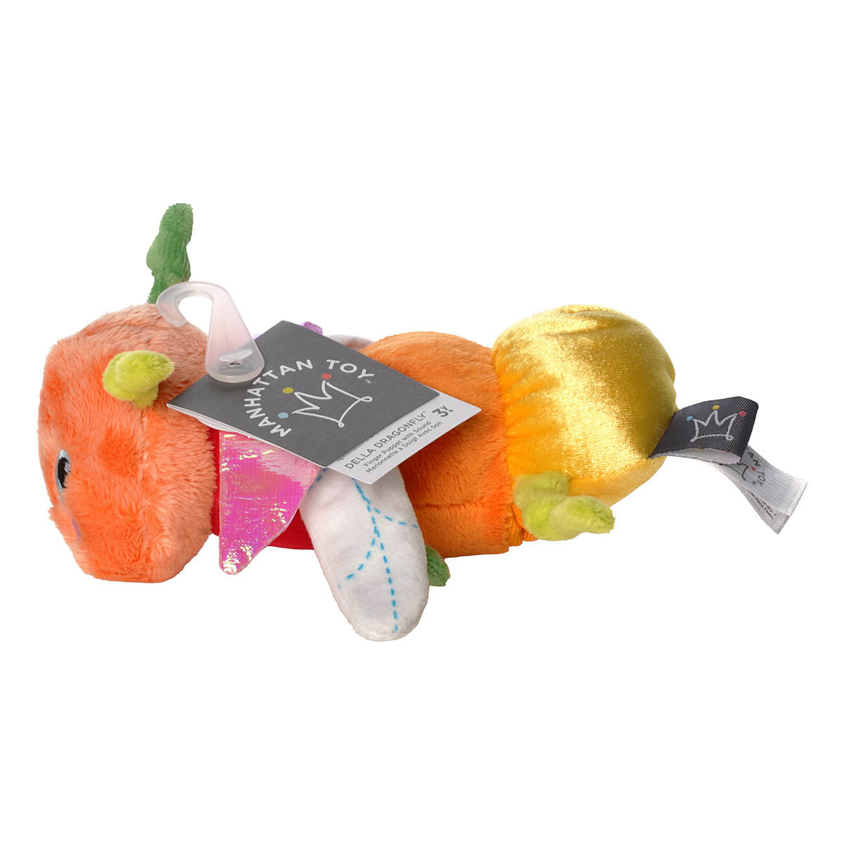 plush orange, red, and yellow dragonfly puppet with Manhattan Toy hangtag on a white background.