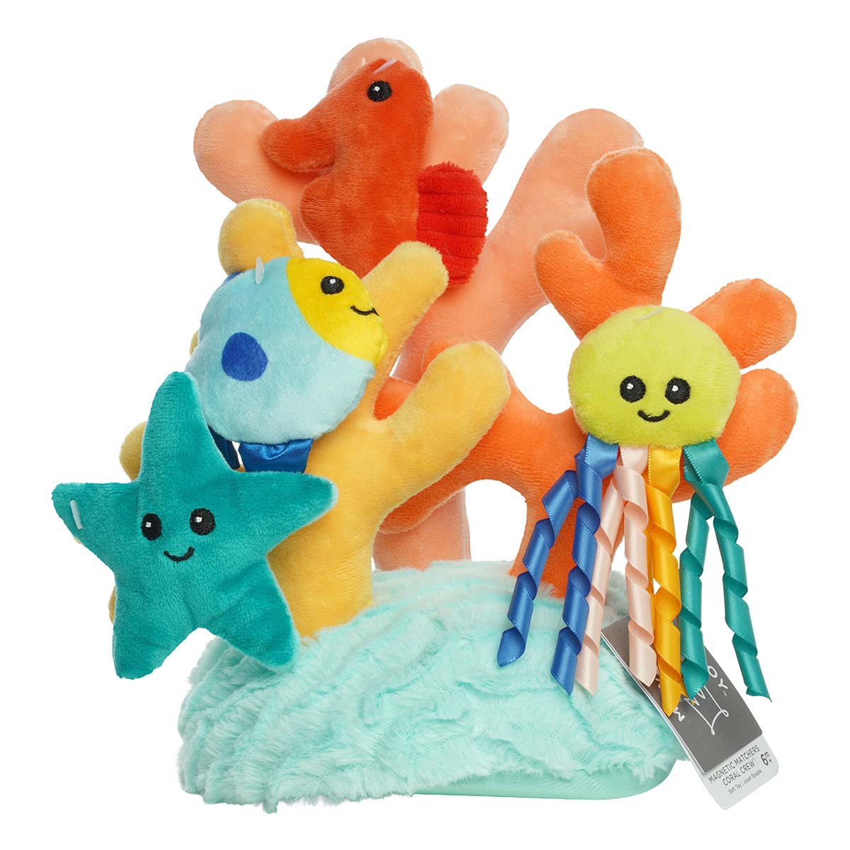 Colorful plush toys including a starfish, clownfish, and jellyfish on a white background