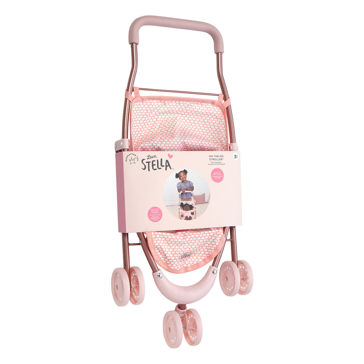 Pink toy stroller with a packaging label on a white background