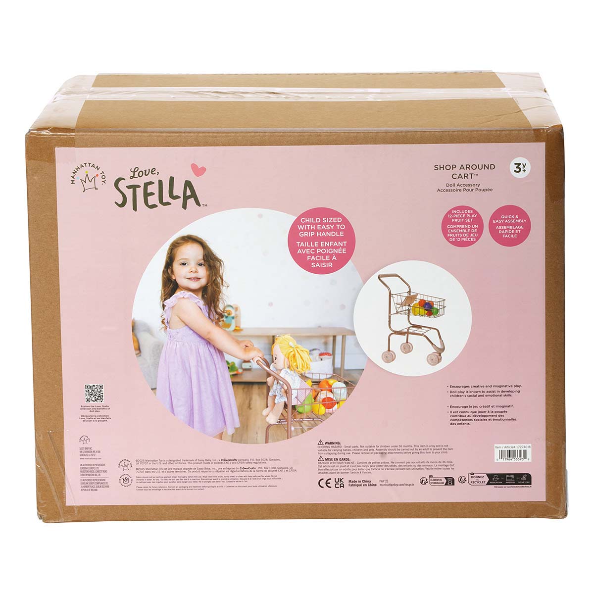 Box packaging for a children's toy set with a girl and shopping cart illustration on a pink background.