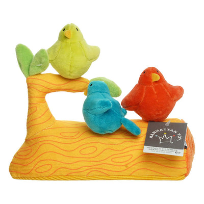 Plush toy set with three birds on a branch, featuring a Manhattan Toy tag.