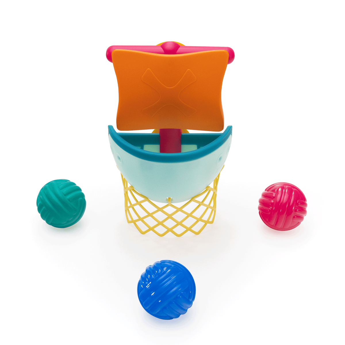 Pirate ship bath toy with three colorful balls around it.