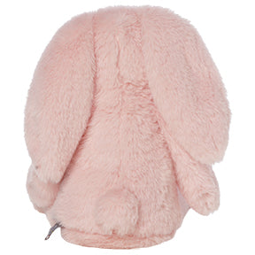 plush pink bunny stuffed animal on a white background back view