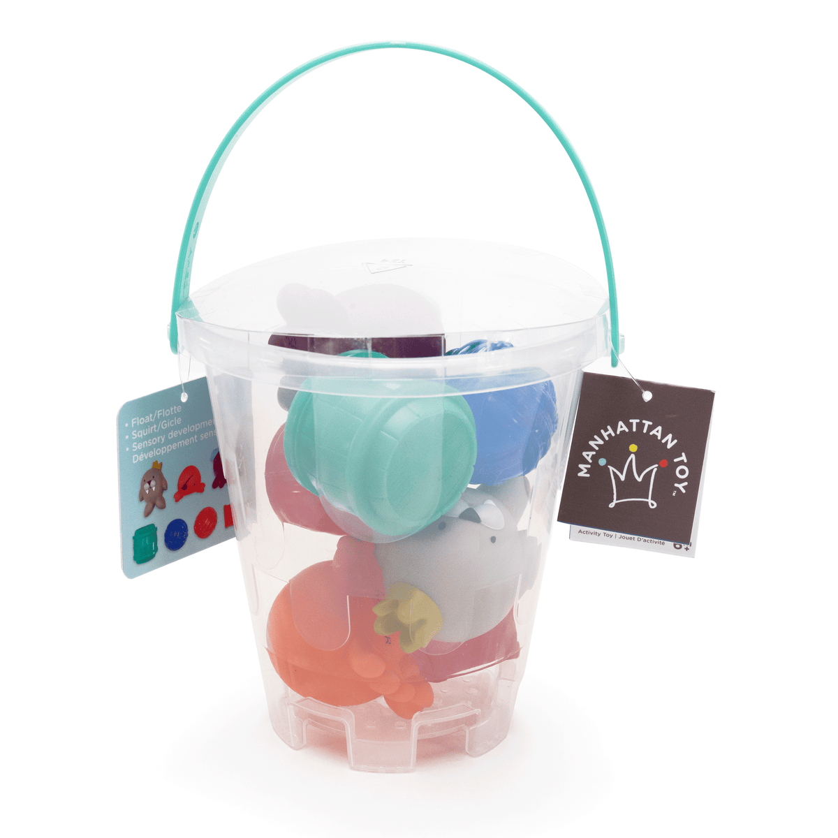 Clear plastic pail with colorful bath toys inside and Manhattan Toy tags