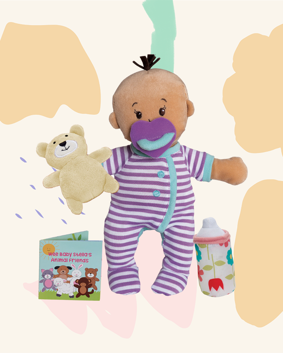 Wee Baby Stella doll beige in striped purple sleeper with bottle and teddy bear from Manhattan Toy.