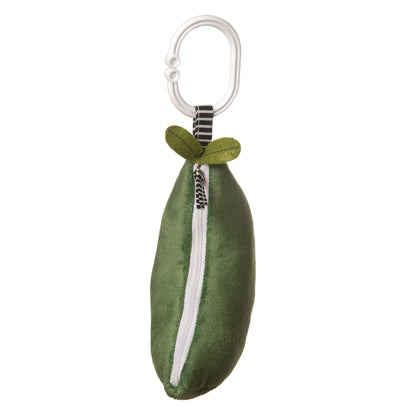 pea-pod shaped infant travel toy with zipper down front.