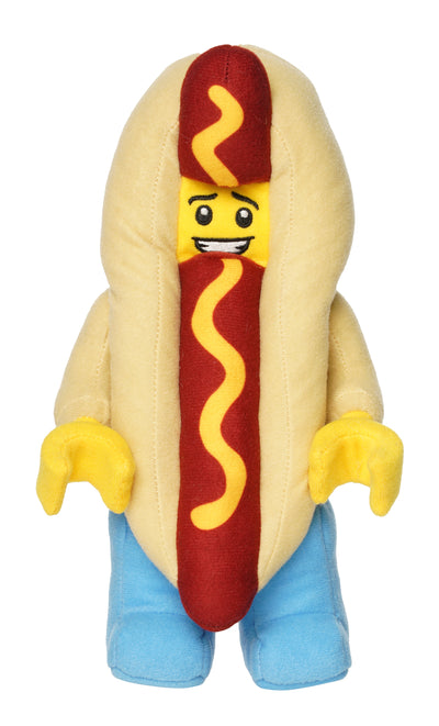 Hot dog costume plush inspired by LEGO with smiling yellow face, red hot dog center, and light blue legs.