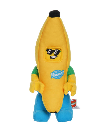 Banana costume plush inspired by LEGO shown in full front view with sunglasses face, green shirt, blue pants, and Banana logo.