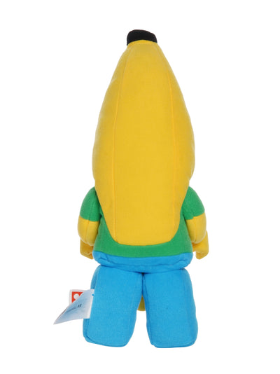 Yellow banana costume plush shown from the back with green shirt, blue pants, and full banana hood.