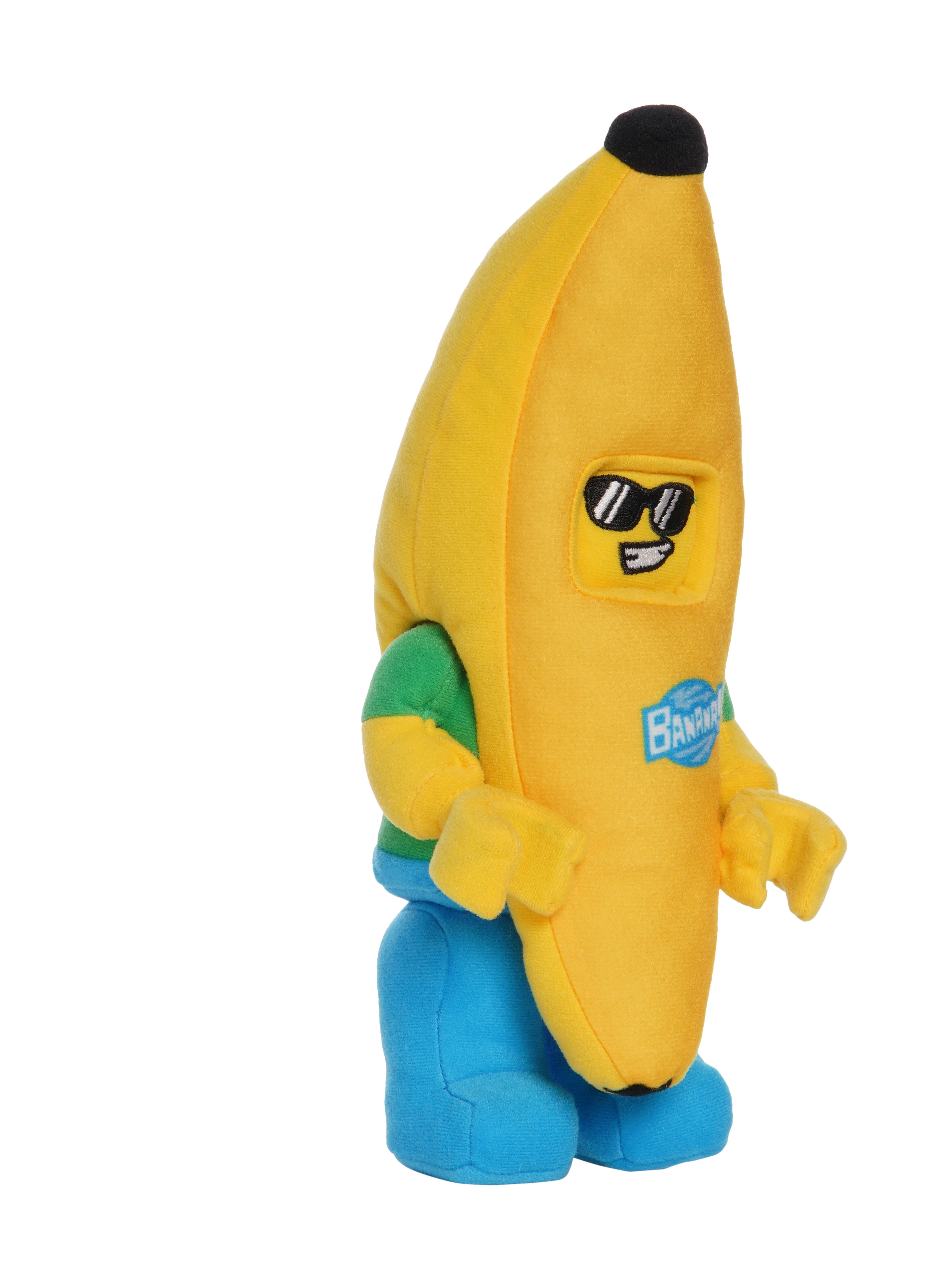Banana costume plush inspired by LEGO shown in three quarter view with sunglasses face, green shirt, blue pants, and Banana logo.