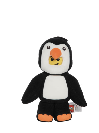 Black and white penguin costume plush inspired by LEGO shown in front view with orange beak, orange feet, and a smiling yellow face inside the hood.