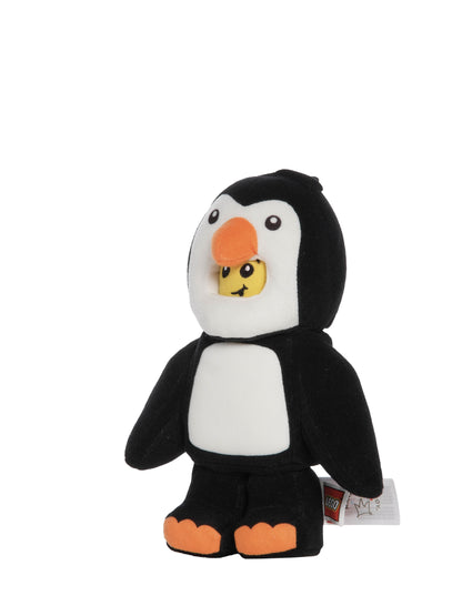 Black and white penguin costume plush inspired by LEGO shown in three quarter view with orange beak, orange feet, and a smiling yellow face inside the hood.