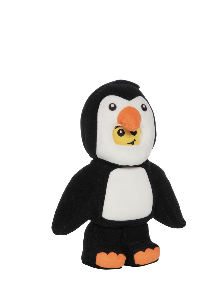Black and white penguin costume plush inspired by LEGO with orange beak and feet and a smiling yellow face inside the hood.