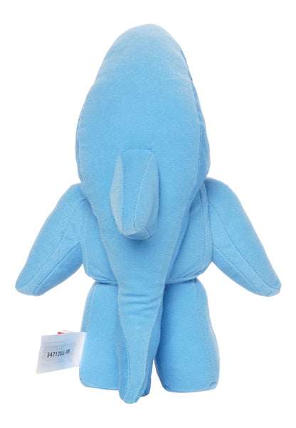 Light blue shark costume plush shown from the back with tail, fins, and full shark body shape.