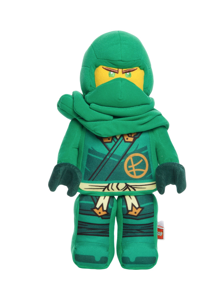 Green ninja plush inspired by LEGO Ninjago with yellow face, hooded mask, and printed warrior details.