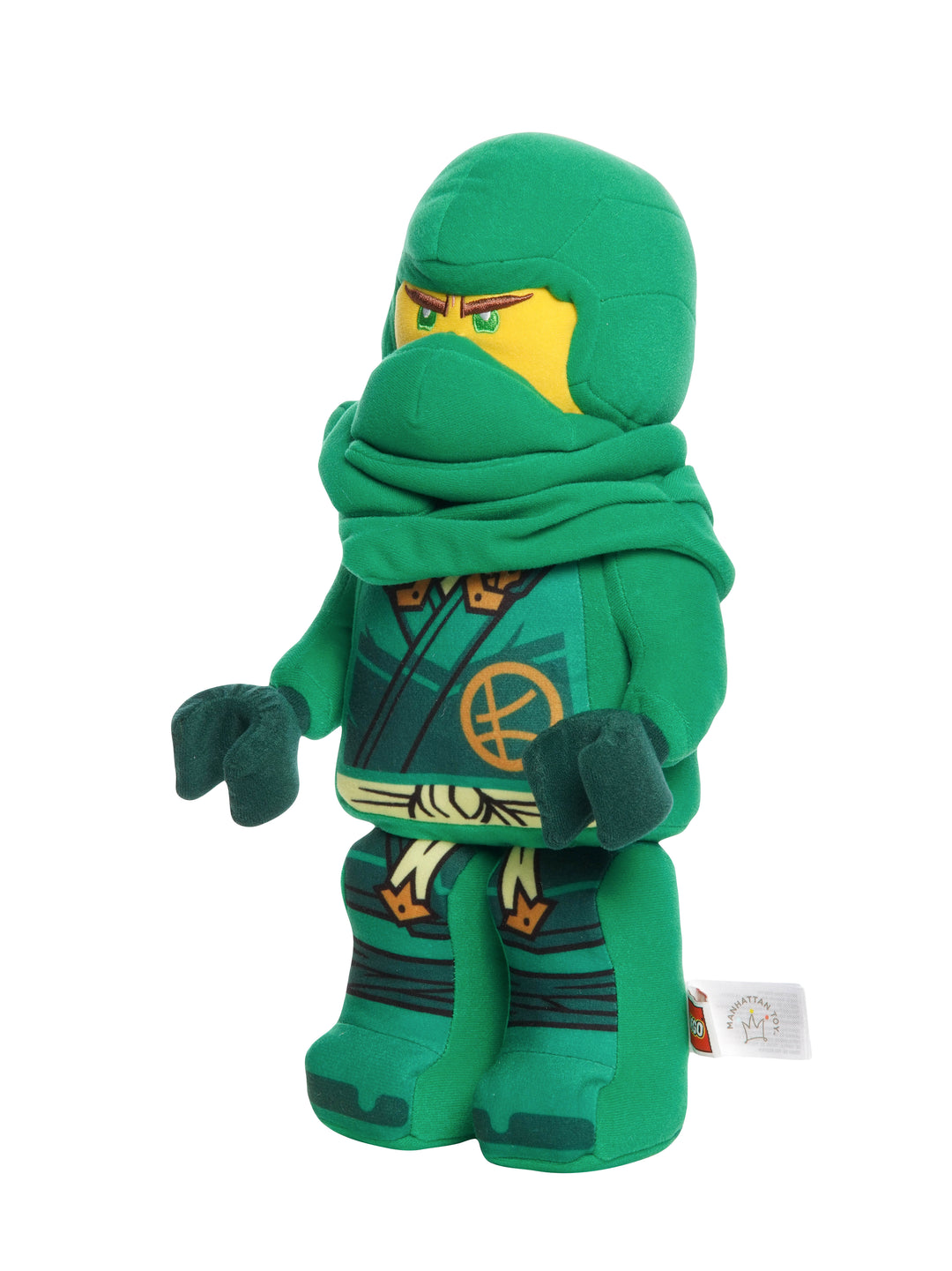 Green ninja plush inspired by LEGO Ninjago shown in a side view with hooded mask, yellow face, and printed warrior outfit.