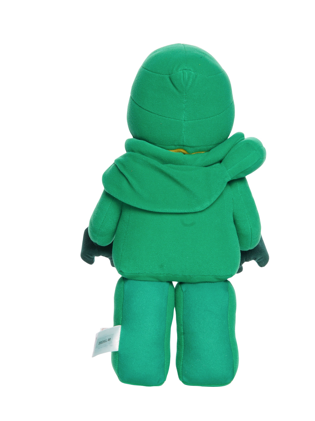 Green ninja plush shown from the back with hood, scarf, and solid green outfit.