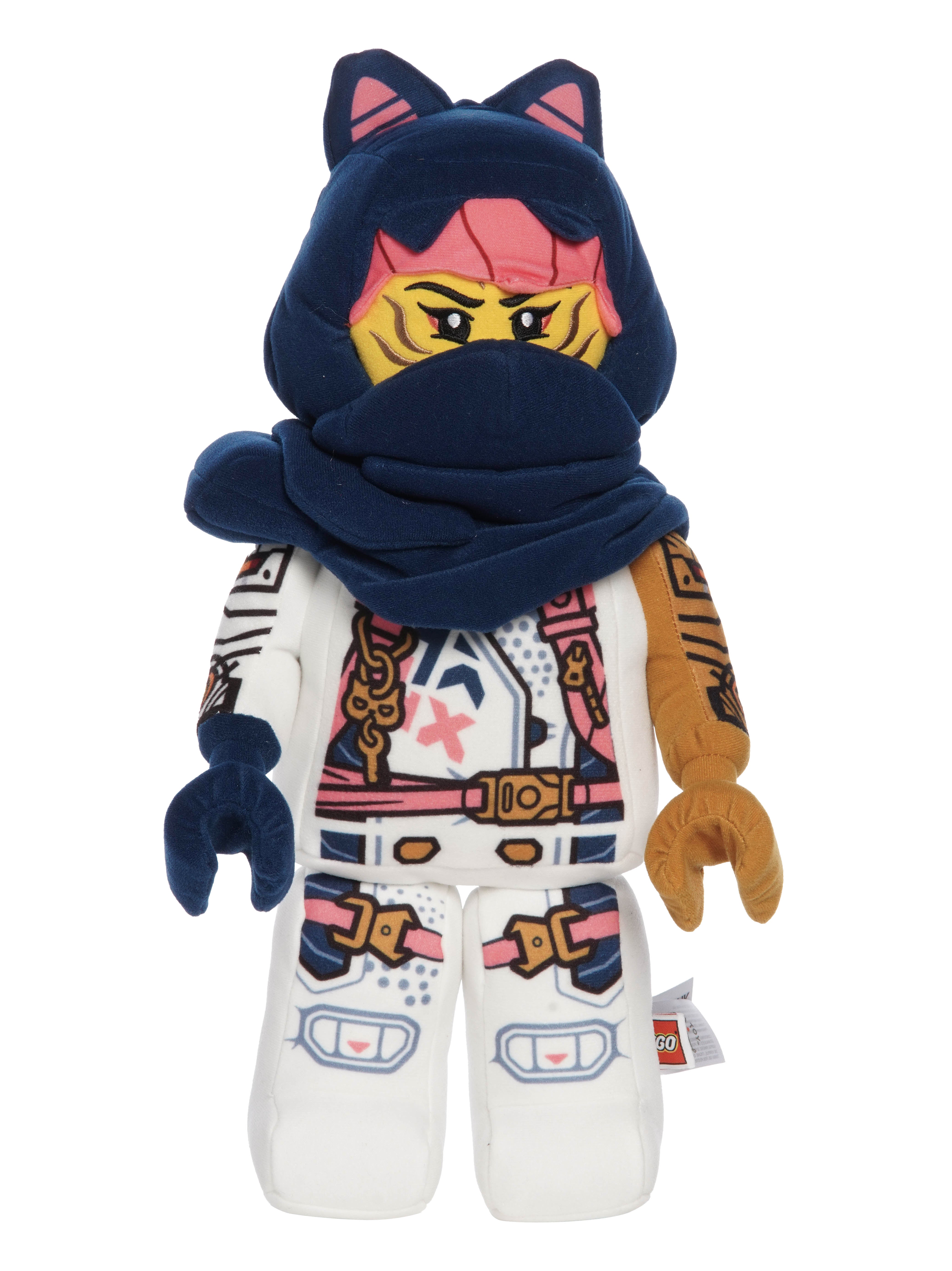 Plush resembling LEGO Ninjago Sora Minifigure with pink hair and a white body with pink, blue, and silver details. 