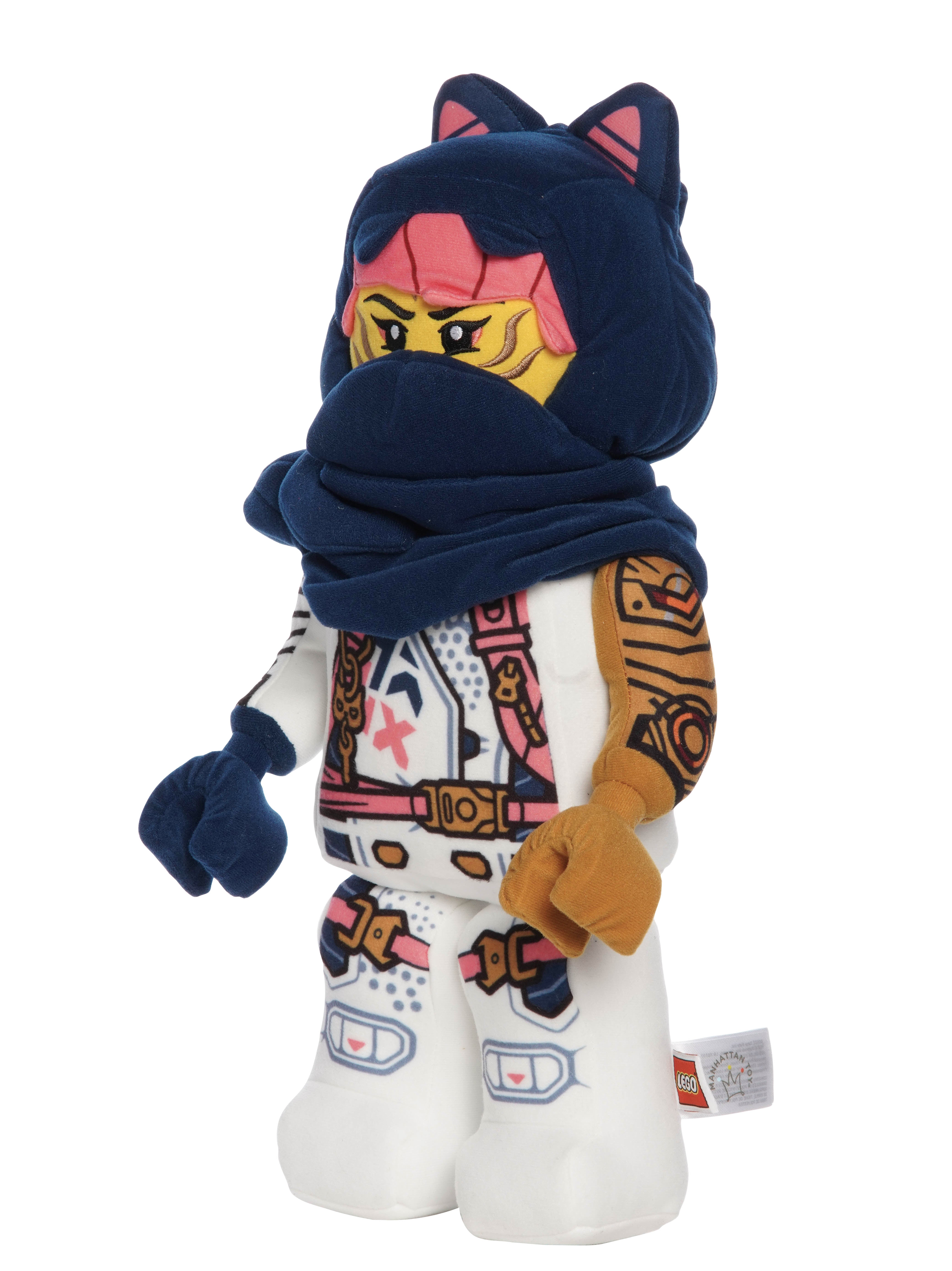 Plush resembling LEGO Ninjago Sora Minifigure with pink hair and a white body with pink, blue, and silver details. 