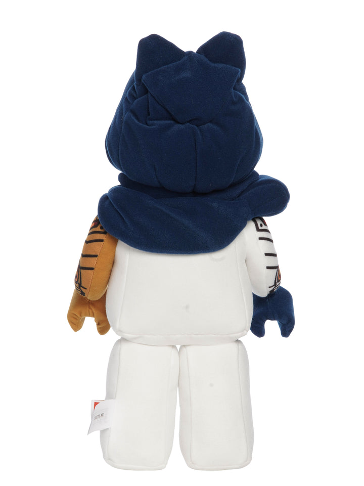 Plush toy with a blue hood and white body on a white background