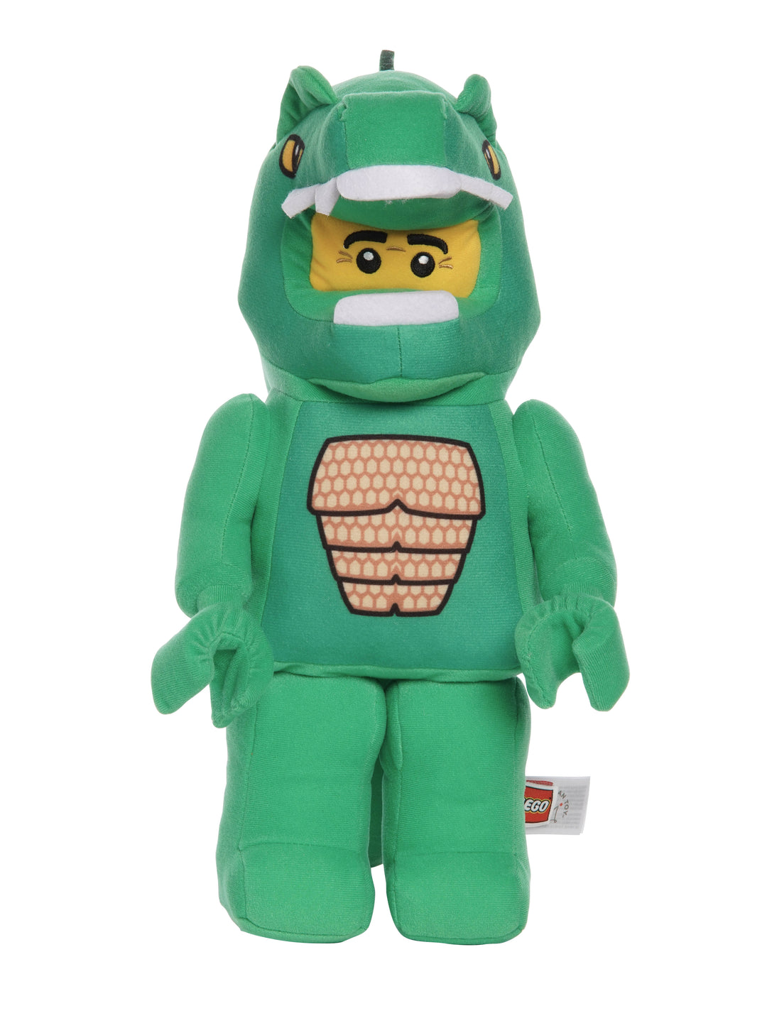 Green lizard costume plush inspired by LEGO with printed scale chest, open mouth hood, and a yellow face inside the mask.