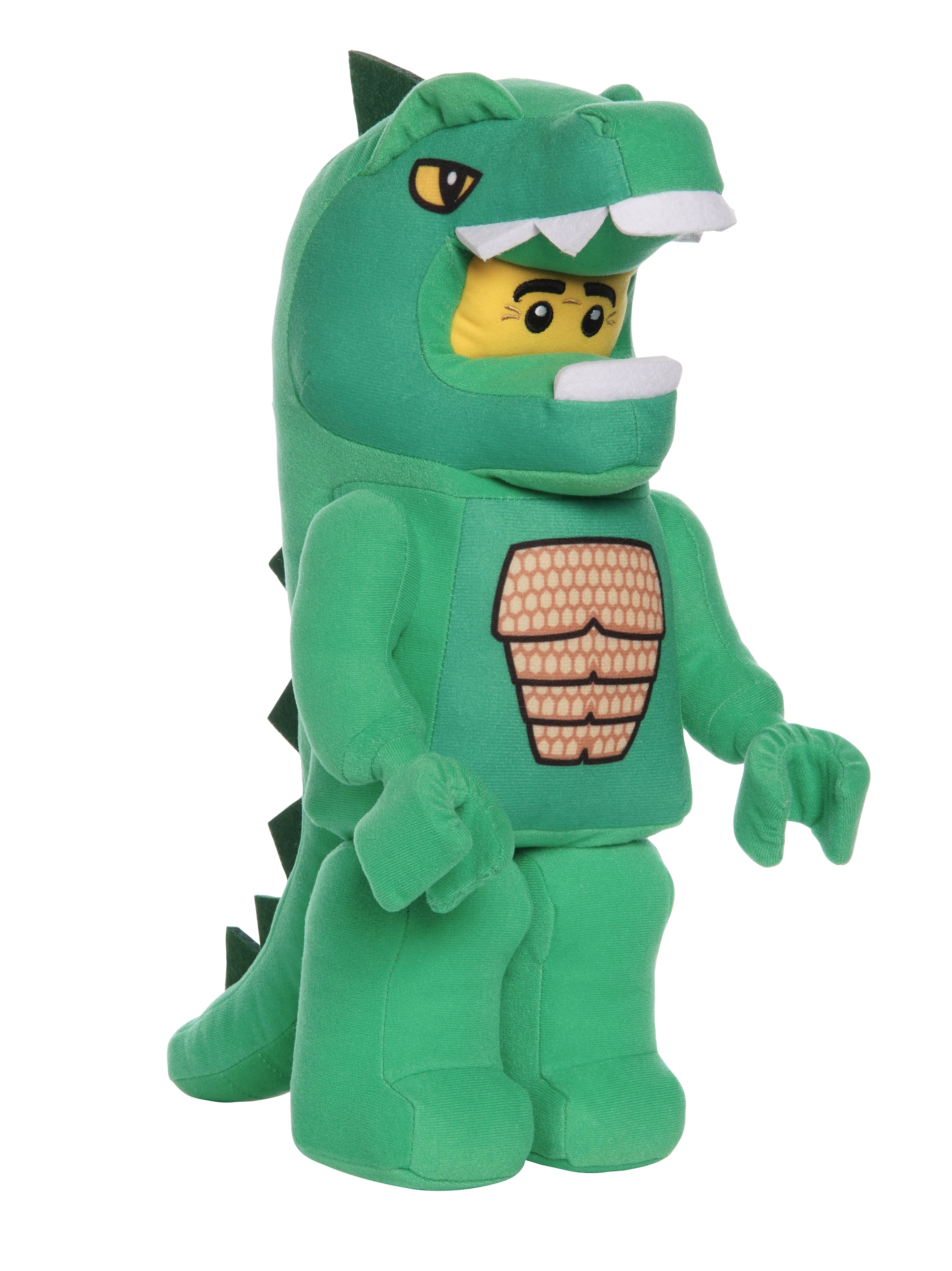 Green lizard costume plush inspired by LEGO shown in three quarter view with printed scale chest, spiked tail, and yellow face inside the open mouth hood.