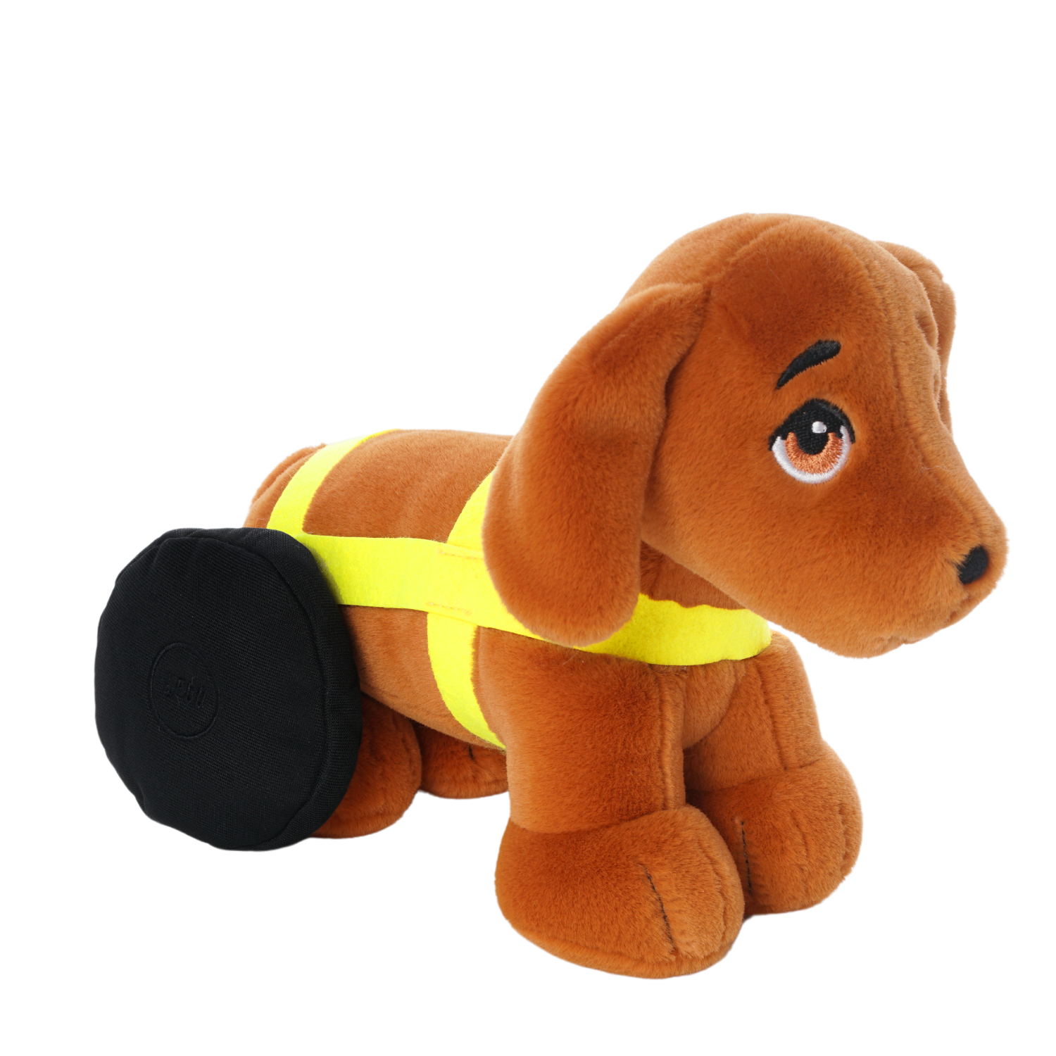 Brown plush dachshund toy with floppy ears, expressive embroidered eyes, and black wheels on its back legs, wearing a bright yellow harness.