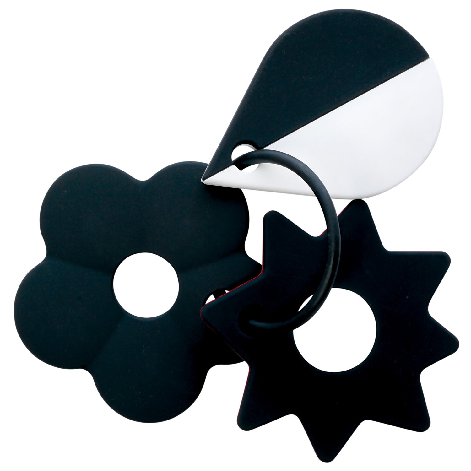 Black and white baby teether set with geometric shapes, including a flower, starburst, and droplet, connected by a circular ring.