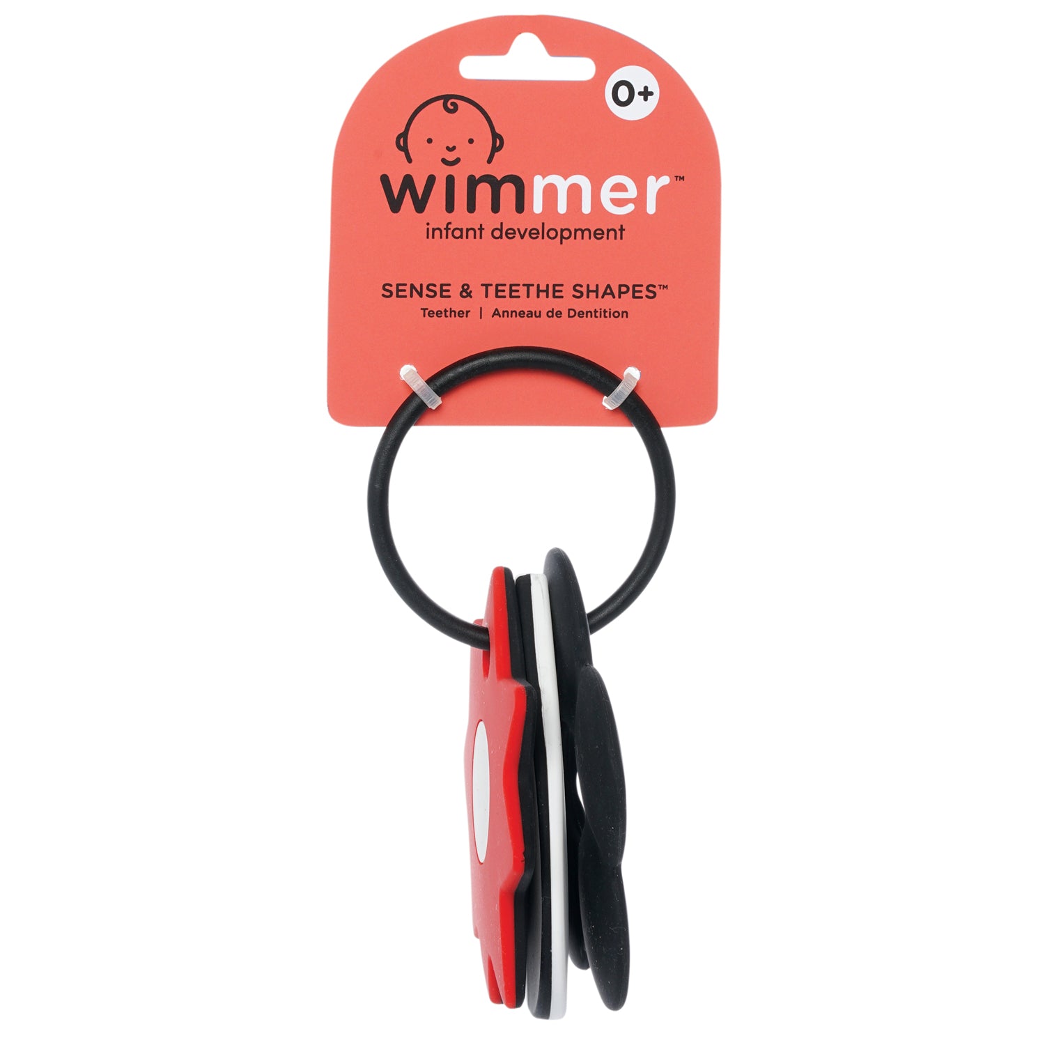 Wimmer Sense & Teethe Shapes™ teether for ages 0+, featuring black, white, and red geometric shapes on a ring, designed for infant development.