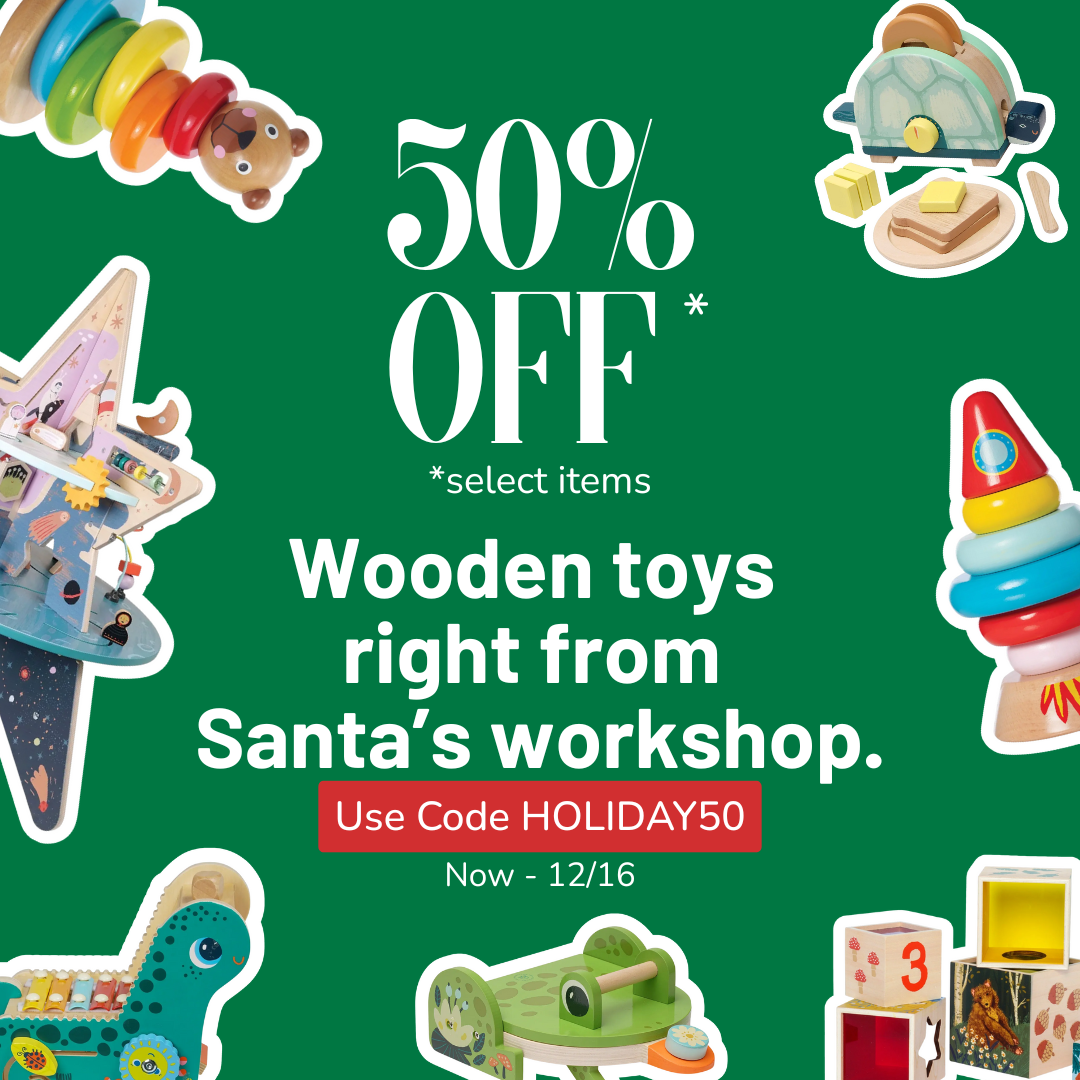 Promotional advertisement for wooden toys with a discount offer on a green background