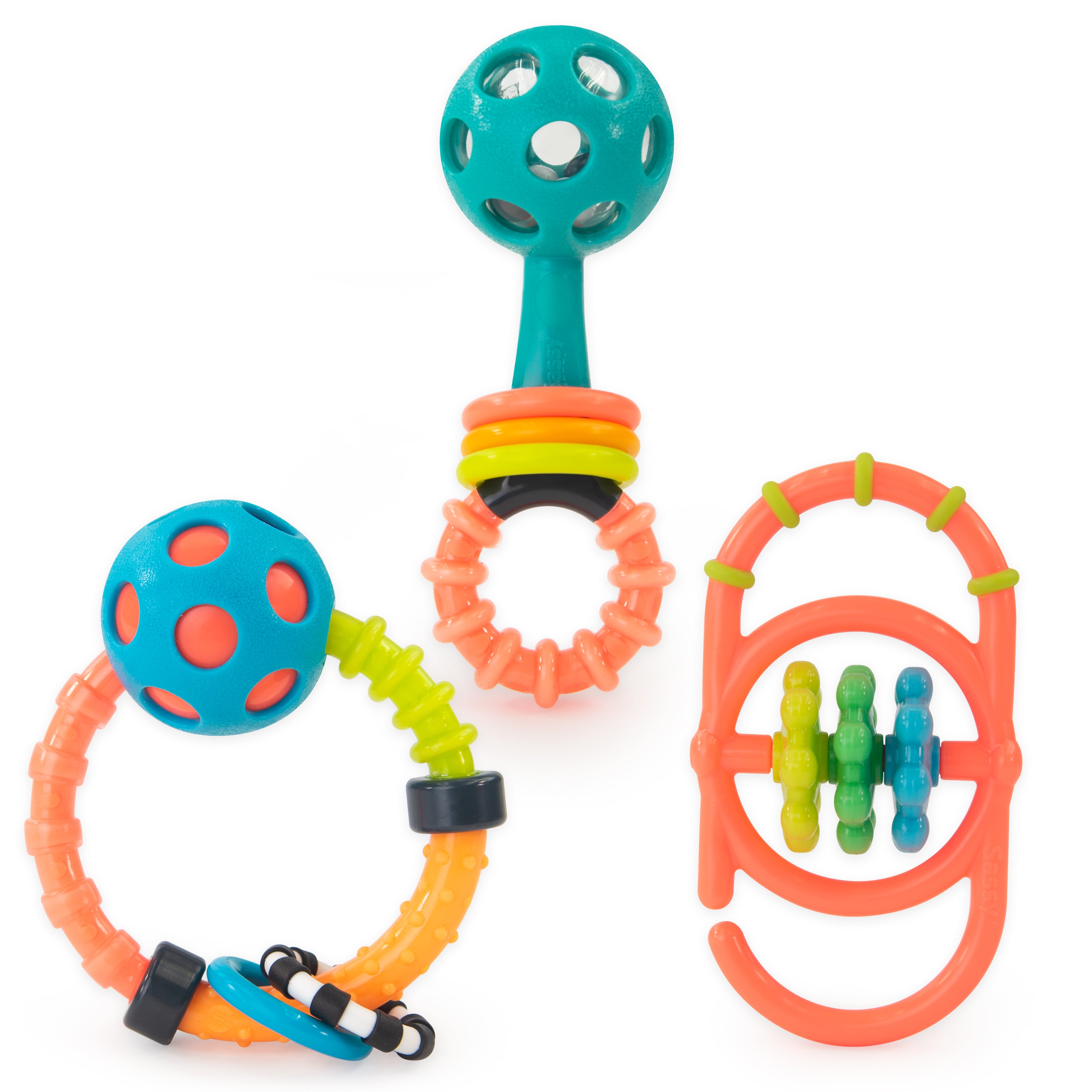 Set of three colorful baby rattles and teethers featuring textured grips, spinning elements, and bright, high-contrast colors.