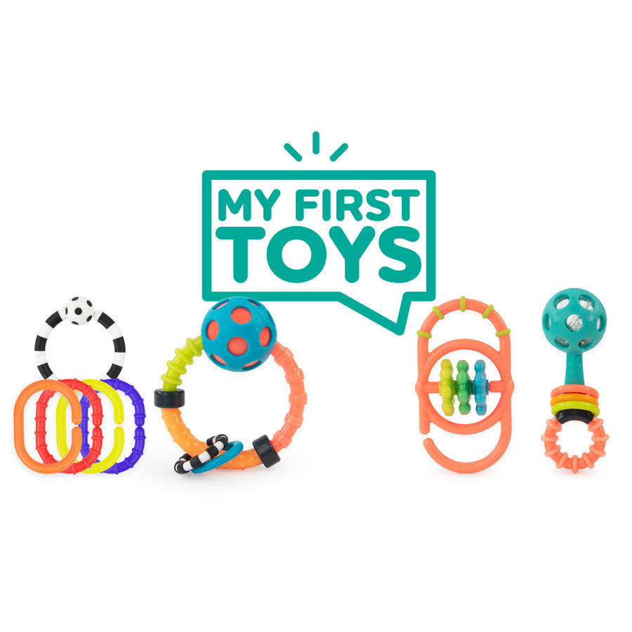 set of 4 colorful toys links, rattles and more