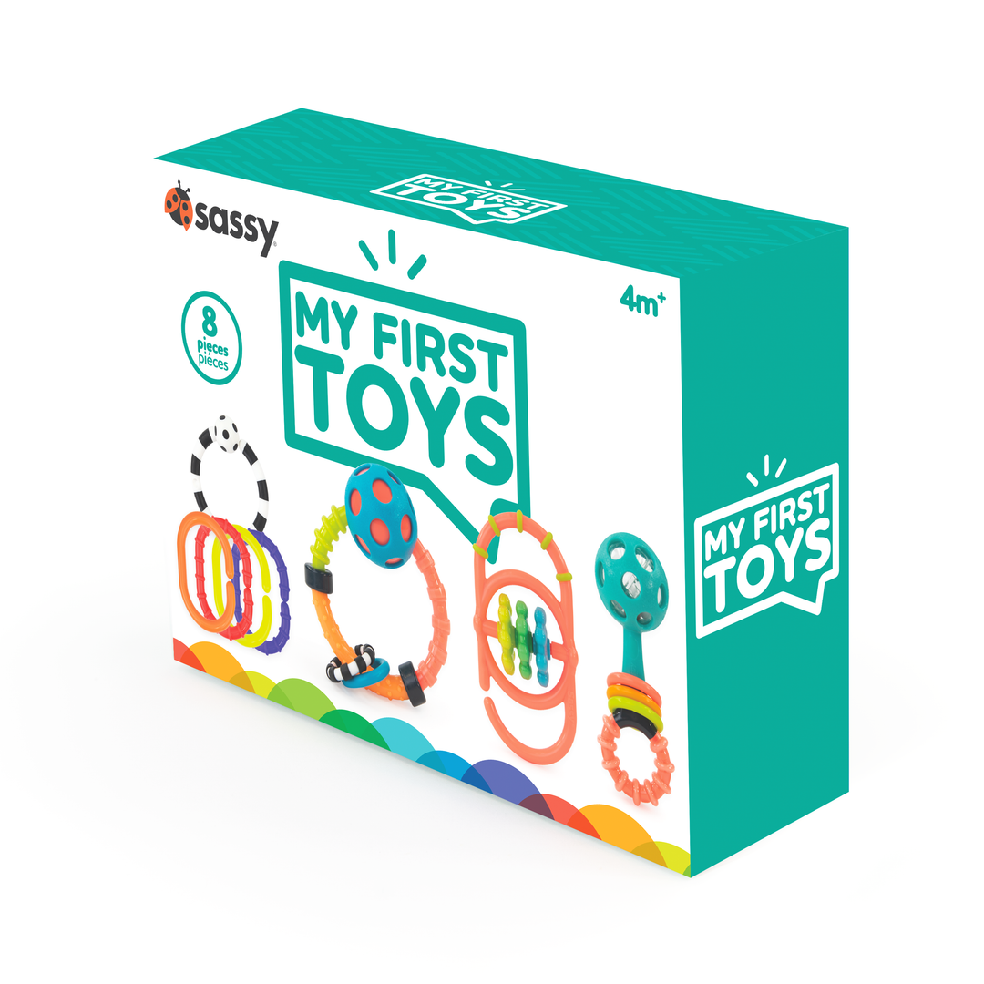 set of 4 colorful toys links, rattles and more on box
