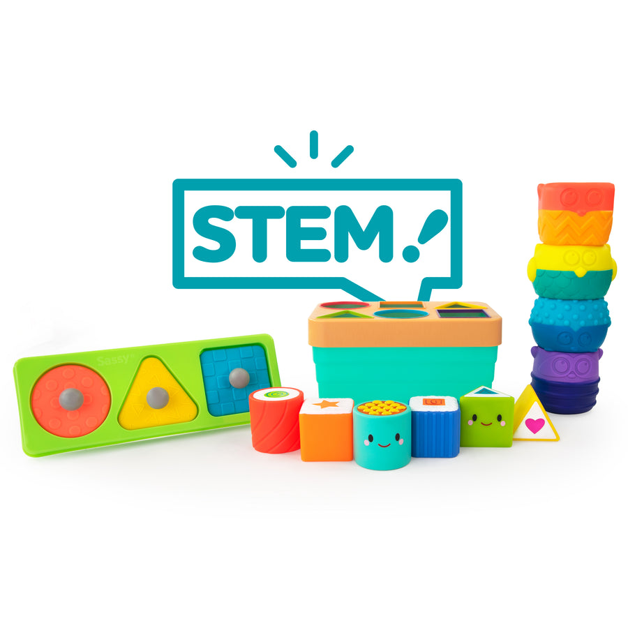 set of three stem toys: shape puzzle, shape sorter and animal stacker