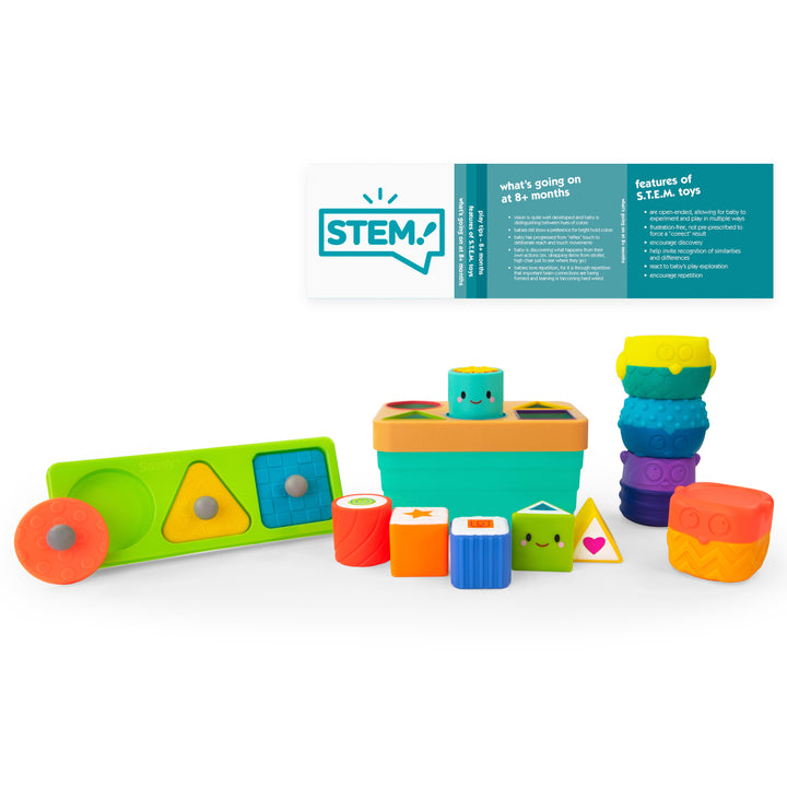 set of three stem toys: shape puzzle, shape sorter and animal stacker