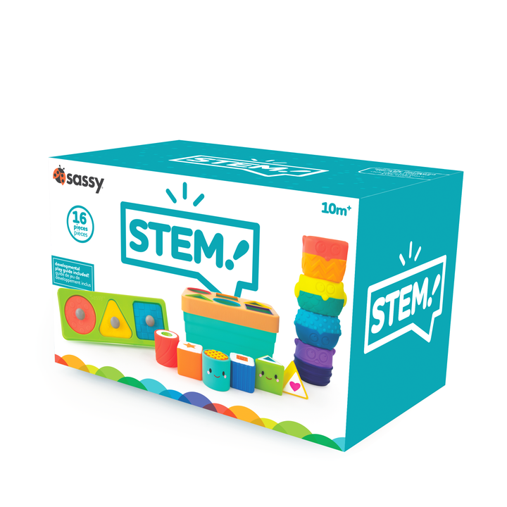 set of three stem toys: shape puzzle, shape sorter and animal stacker on box
