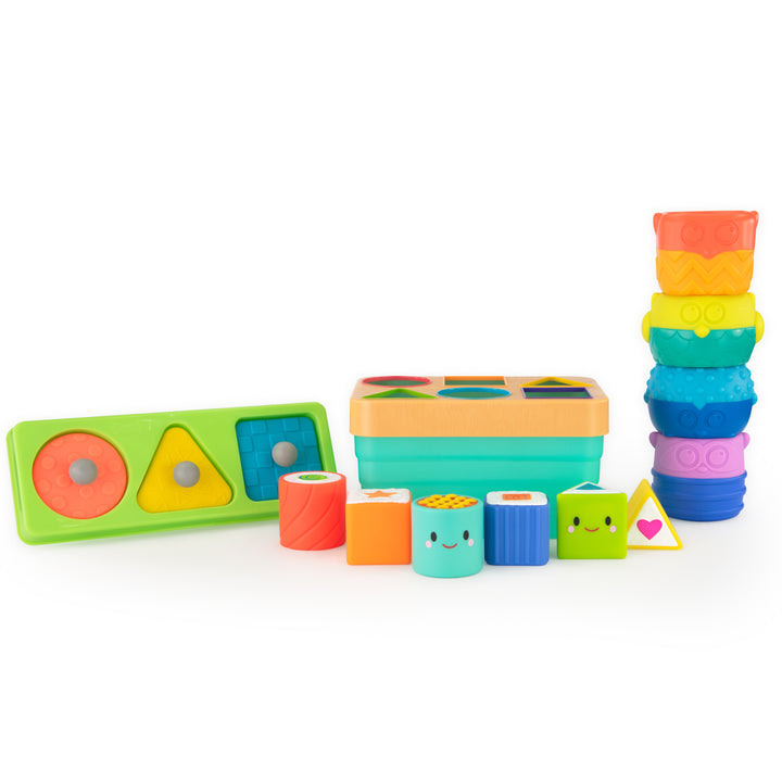 set of three stem toys: shape puzzle, shape sorter and animal stacker