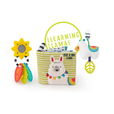 sunshine rattle teether, soft book and llama attachable toy