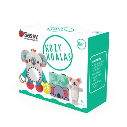 set of koala toys; book, mirror and rattle on box